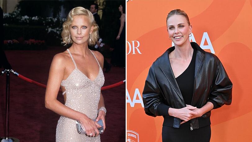 Charlize Theron links bei der Oscar-Verleihung 2004, als sie für ihre Rolle in "Monster" geehrt wurde - und rechts rund 20 Jahre später bei der Party ihrer Organisation Charlize Theron Africa Outreach Project im Juni 2025.