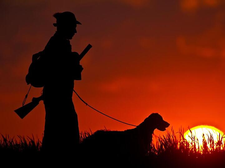 ILLUSTRATION - Ein steht mit seinem Hund im Sonnenuntergang auf einem Feld. Foto: Patrick Pleul/Archiv
