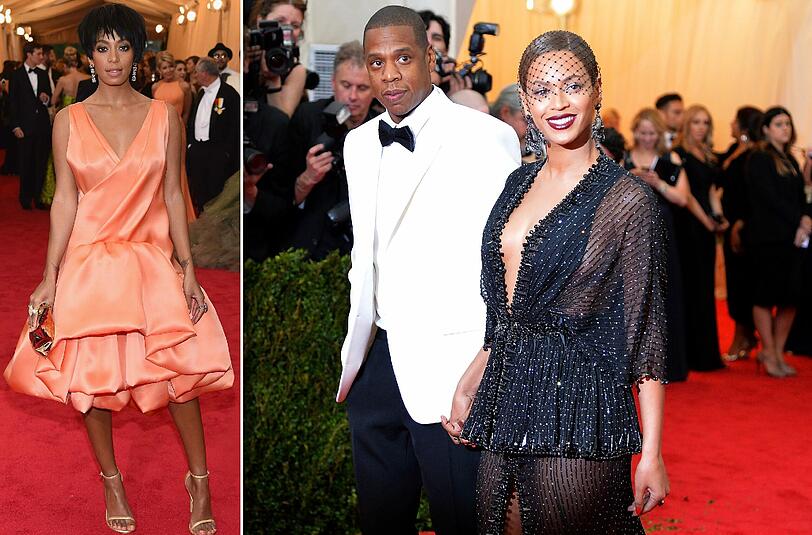 Solange, Jay-Z und Beyoncé (v.l.n.r.) auf dem roten Teppich am Rande der Met-Gala in New York.
