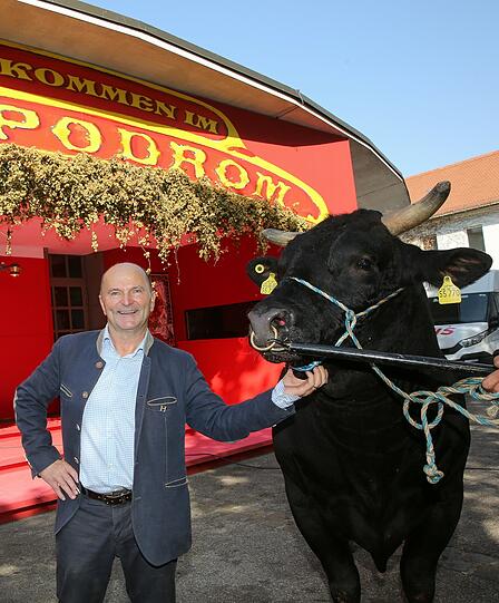 Als er alles verloren hatte, widmete er sich der Wagyu-Rinderzucht: Sepp Krätz mit Stier Haruki vorm Hippodrom im Postpalast.