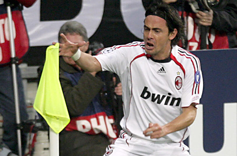 11. April 2007: Im Viertelfinal-Rückspiel der Champions League zwischen dem FC Bayern und dem AC Mailand feiert Milan-Star Filippo Inzaghi seinen Treffer zum 2:0-Endstand.