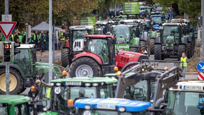 Traktoren und ihre Fahrer bei einer Kundgebung. Foto: Sina Schuldt/dpa/Archivbild
