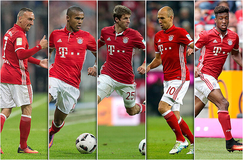 Carlo Ancelotti kann bald wieder auf alle Flügelspieler zurückgreifen: Franck Ribéry, Douglas Costa, Thomas Müller, Arjen Robben und Kingsley Coman (v.l.). Haben die Bayern ein Luxus-Problem auf den Außenbahnen?