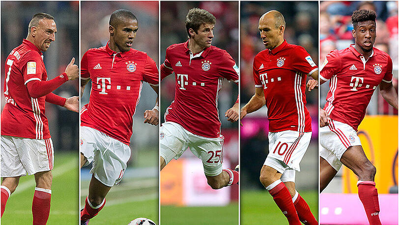 Carlo Ancelotti kann bald wieder auf alle Flügelspieler zurückgreifen: Franck Ribéry, Douglas Costa, Thomas Müller, Arjen Robben und Kingsley Coman (v.l.). Haben die Bayern ein Luxus-Problem auf den Außenbahnen? Carlo Ancelotti kann bald wieder auf alle Flügelspieler zurückgreifen: Franck Ribéry, Douglas Costa, Thomas Müller, Arjen Robben und Kingsley Coman (v.l.). Haben die Bayern ein Luxus-Problem auf den Außenbahnen?