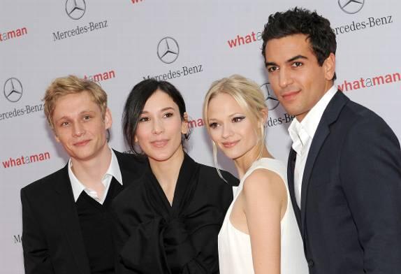 Matthias Schweighöfer (v.l.n.r.) und die Schauspieler Sibel Kekilli, Mavie Hörbiger und Elyas M'Barek kommen zur Deutschlandpremiere des Films "What A Man"