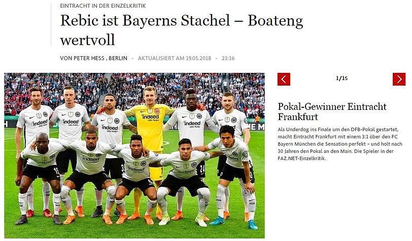 Auch die "Frankfurter Allgemeine" hebt online einen Spieler hervor, nämlich Frankfurts Ante Rebic: "Rebic ist Bayerns Stachel - Boateng wertvoll".