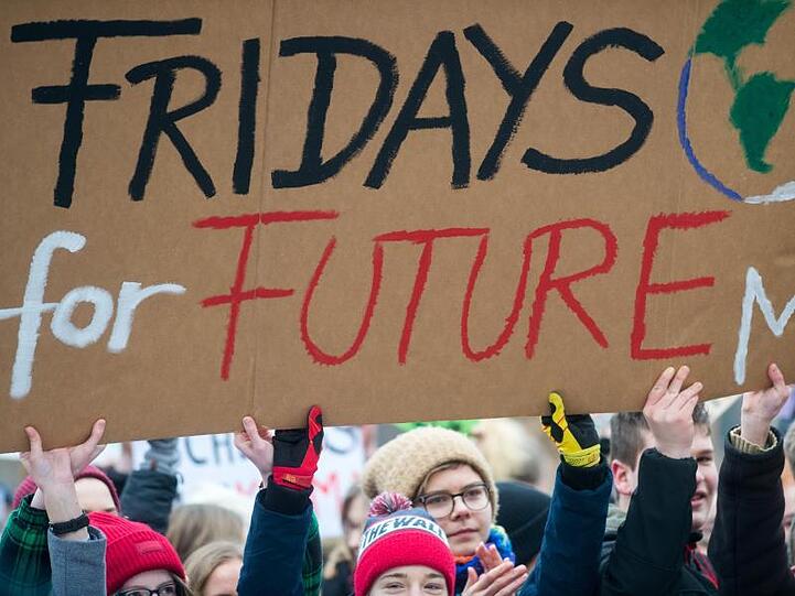 "Fridays for Future" ist auf dem Schild mehrerer Schüler zu lesen. Foto: Klaus-Dietmar Gabbert/ZB/dpa/Archivbild