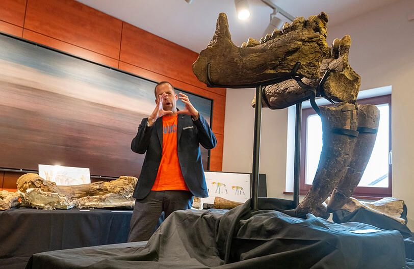 Peter Kapustin, Museumsleiter des Urzeitmuseum, erkl&auml;rt im Rathaus Taufkirchen an der Vils, die diversen Funde zur Entdeckung eines Urelefanten-Friedhofs im Landkreis Erding.