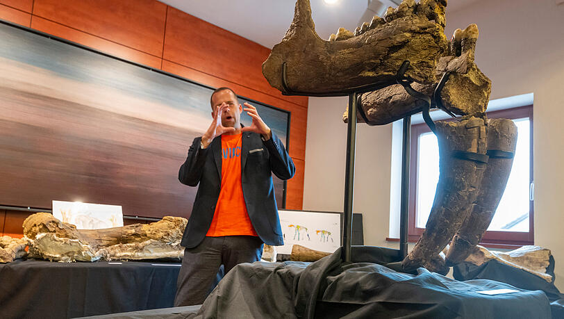 Peter Kapustin, Museumsleiter des Urzeitmuseum, erkl&auml;rt im Rathaus Taufkirchen an der Vils, die diversen Funde zur Entdeckung eines Urelefanten-Friedhofs im Landkreis Erding.