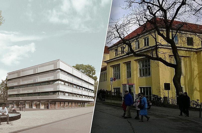 Rechts die alte Tierklinik, links der Entwurf für das neue Nano-Institut.