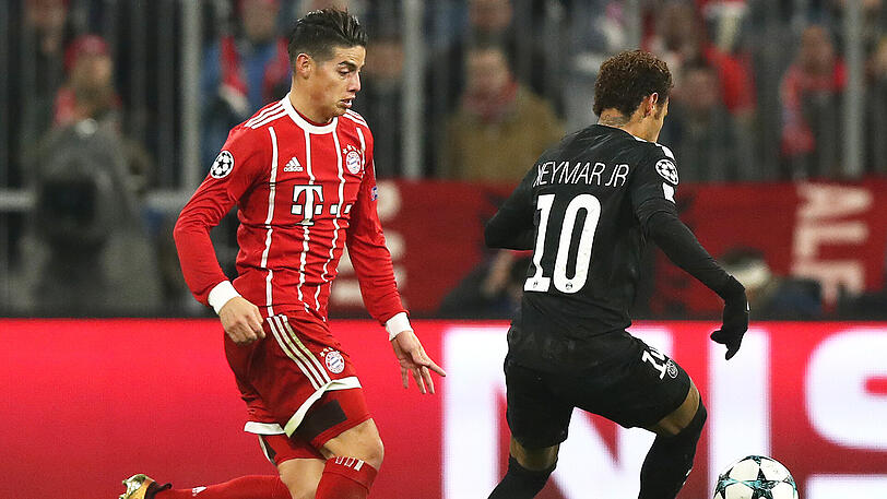 Der FC Bayern bestreitet im Juli ein Testspiel gegen PSG - die Superstars James (li.) und Neymar werden aber wohl nicht dabei sein.
