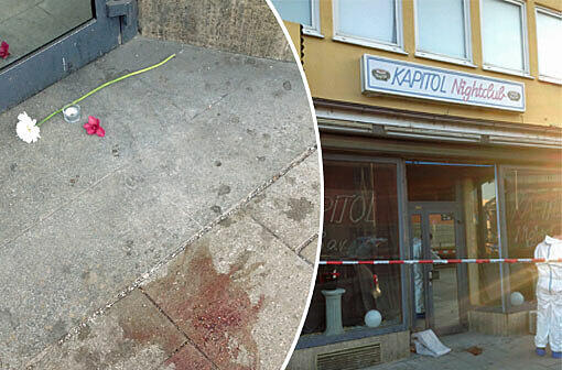 Ein Teelicht und eine Blume vor dem Eingang des "Kapitol Nightclub" in der Arnulfstraße. Davor ein Blutfleck. Hier ist Dienstagmorgen eine Bar-Frau erstochen worden.