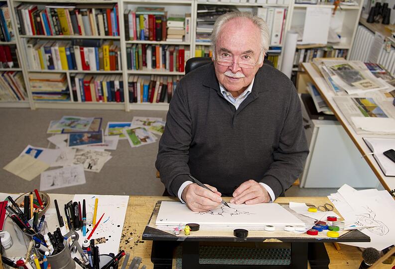 "Die Karikatur ist für eine freie Gesellschaft lebensnotwendig": Dieter Hanitzsch daheim in seinem Atelier, das er lieber seine "Werkstatt" nennt.
