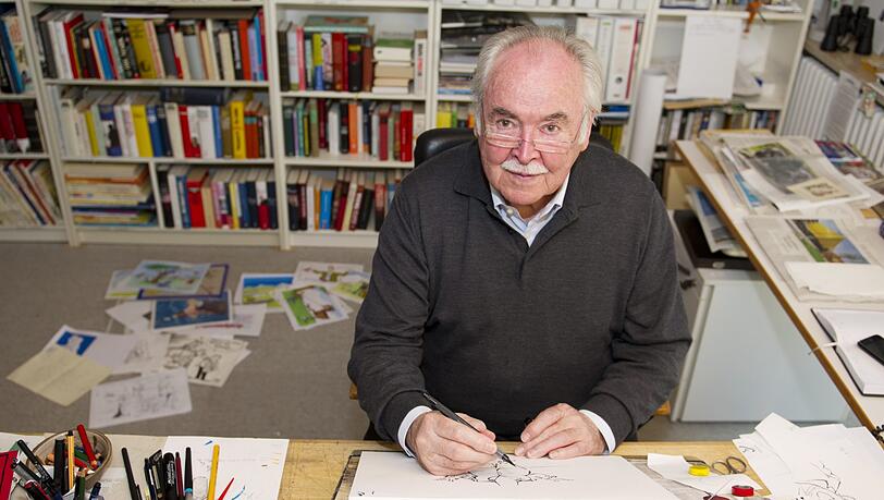 "Die Karikatur ist für eine freie Gesellschaft lebensnotwendig": Dieter Hanitzsch daheim in seinem Atelier, das er lieber seine "Werkstatt" nennt. "Die Karikatur ist für eine freie Gesellschaft lebensnotwendig": Dieter Hanitzsch daheim in seinem Atelier, das er lieber seine "Werkstatt" nennt.