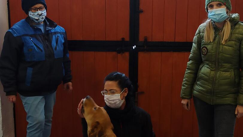 Brigitte Hadersdorfer (links), Vorsitzende von "Cats & Dogs", Manuela Grußie (rechts) und Tiertrainerin Anja Steglich mit Nala. Die Hündin sucht ein neues Zuhause. Brigitte Hadersdorfer (links), Vorsitzende von "Cats & Dogs", Manuela Grußie (rechts) und Tiertrainerin Anja Steglich mit Nala. Die Hündin sucht ein neues Zuhause.