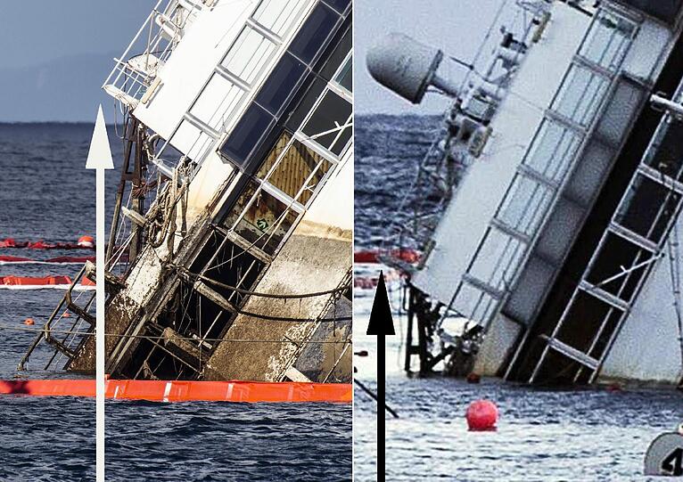 Der Bergungseinsatz am havarierten 
Kreuzfahrtschiff &bdquo;Costa Concordia&ldquo; hat sich am Montag deutlich 
verzögert. Die Aufrichtung des Schiffs vor der italienischen Insel 
Giglio werde voraussichtlich erst am Dienstag im Morgengrauen 
abgeschlossen sein. Die Bilder!