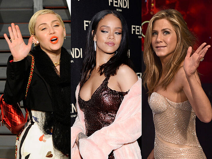 Drei sehr erfolgreiche Schönheiten, die sich in ihren Männern getäuscht haben: Miley Cyrus, Rihanna und Jennifer Aniston (v.l.)