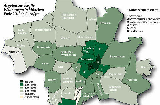 Angebotspreise für Wohnungen in München
Ende 2012 in Euro/qm