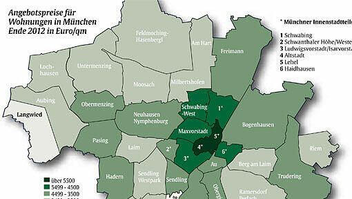 Angebotspreise für Wohnungen in München
Ende 2012 in Euro/qm Angebotspreise für Wohnungen in München
Ende 2012 in Euro/qm