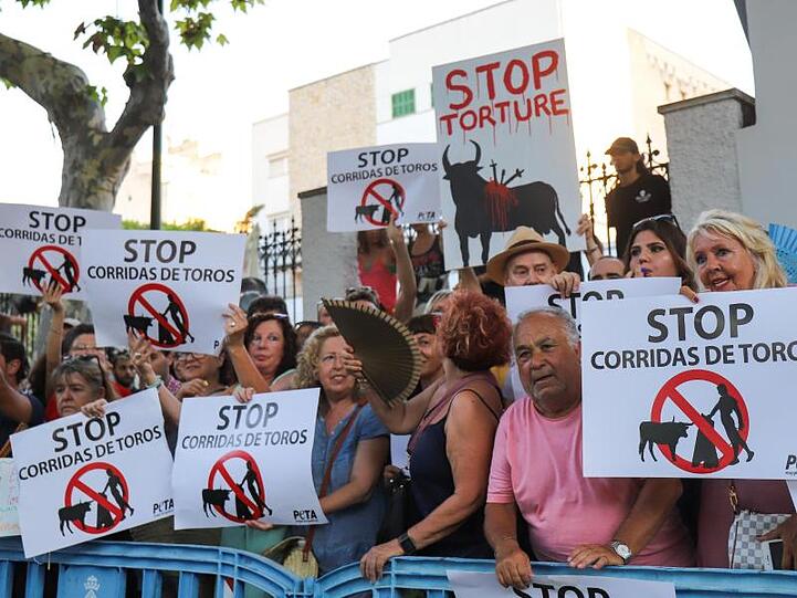 In Palma protestieren Demonstranten gegen die Wiederaufnahme von Stierkämpfen auf Mallorca.