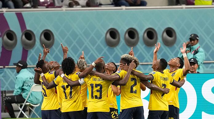 Ecuadors Spieler feiern nach dem 1:1-Ausgleichstreffer von Moisés Caicedo.
