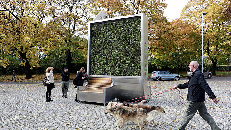 Die sogenannten "City Trees" arbeiten mit bepflanzten Wänden. Der Effekt ist jedoch eher gering.