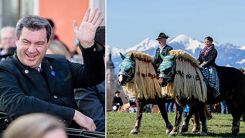 Trachtler reiten mit ihren geschmückten Pferden während des Georgi-Ritts zum Ettendorfer Kircherl. Auch Markus Söder ist heuer dabei gewesen.