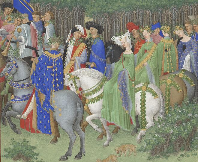 Maiausflug der noblen Art: Die Hofgesellschaft des Herzogs von Berry reitet aus - in Damenbegleitung.
