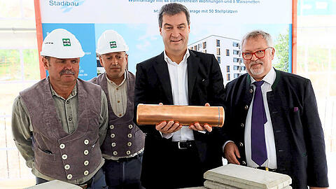 Markus Söder bei der Grundsteinlegung für den Staatsbedienstetenwohnungsbau im Prinz-Eugen-Park.