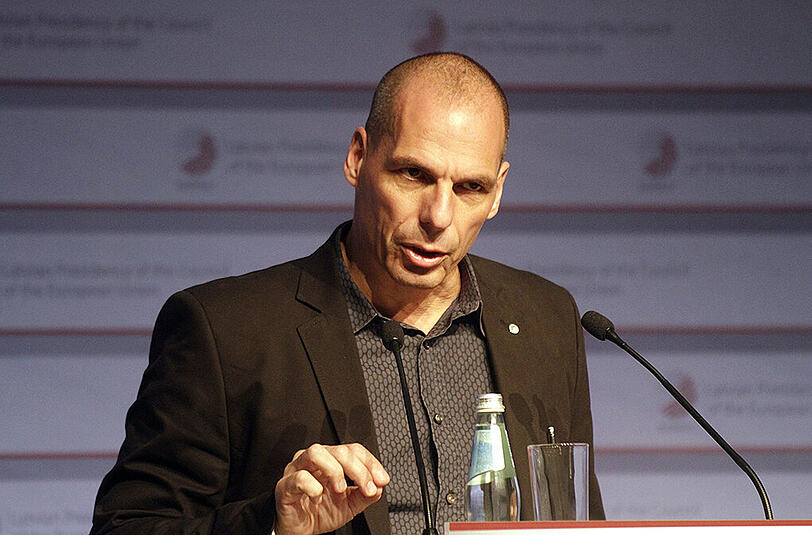 Yanis Varoufakis am 24. April bei dem informellen Meeting der Eurogruppe in Lettland.