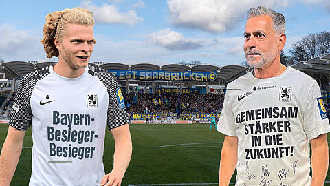 Während Maurizio Jacobaccis T-Shirt (r.) schon Realität ist, trägt Jesper Verlaat (l.) den AZ-Vorschlag für den Fall eines 1860-Sieges in Saarbrücken.