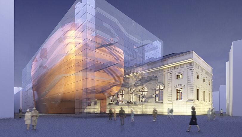 Der Entwurf von Stefan Braunfels für einen Konzertsaal hinter dem Marstall. Der hölzerne Saal hinter Glas orientiert sich an Jean Nouvels viel gerühmten Bau in Luzern. Der Entwurf von Stefan Braunfels für einen Konzertsaal hinter dem Marstall. Der hölzerne Saal hinter Glas orientiert sich an Jean Nouvels viel gerühmten Bau in Luzern.