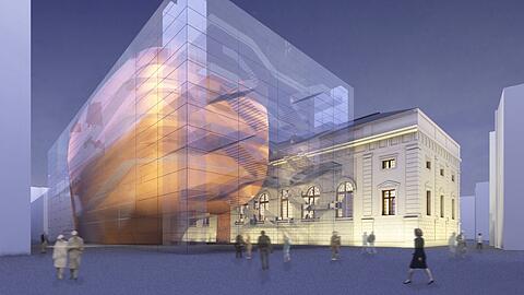 Der Entwurf von Stefan Braunfels f&uuml;r einen Konzertsaal hinter dem Marstall. Der h&ouml;lzerne Saal hinter Glas orientiert sich an Jean Nouvels viel ger&uuml;hmten Bau in Luzern.