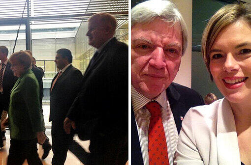Angela Merkel auf dem Weg zur #groko. Und Julia Klöckner mit Hessens Ministerpräsident Volker Bouffier in der Nacht zu den Verhandlungen der #groko. Der Hashtag "#groko" steht bei Twitter für "Große Koalition".