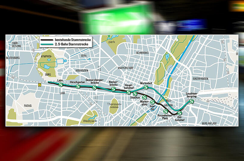 Das Bild zeigt den Strecken verlauf der bestehenden und der neuen Stammstrecke.