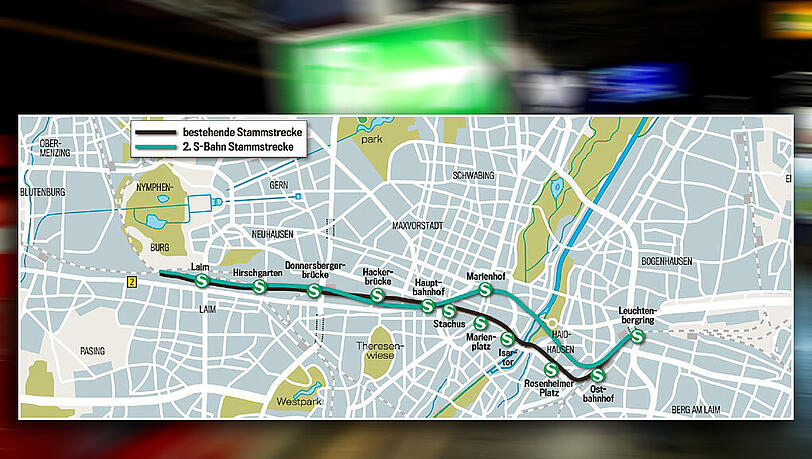 Das Bild zeigt den Strecken verlauf der bestehenden und der neuen Stammstrecke. Das Bild zeigt den Strecken verlauf der bestehenden und der neuen Stammstrecke.
