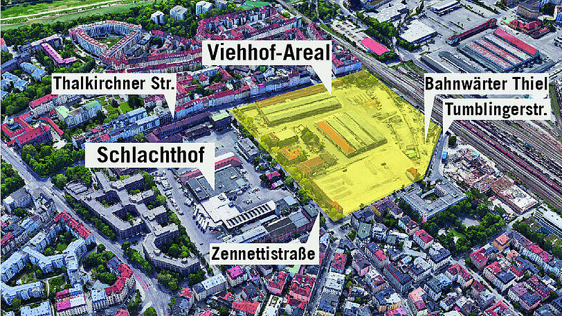 Das Viehhof-Areal (gelb) und Umgebung.