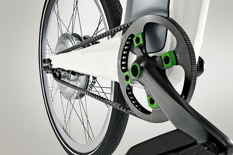 Neuheit auf der ISPO Bike: Statt der üblichen Fahrradkette führt der Zahnriemen aus hochfester Carbonfaser zuverlässig ans Ziel.