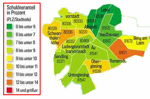 Beim Thema Finanzen zieht sich ein Riss durch die Stadt. In Riem und am Hasenbergl sind die Menschen besonders häufig verschuldet.