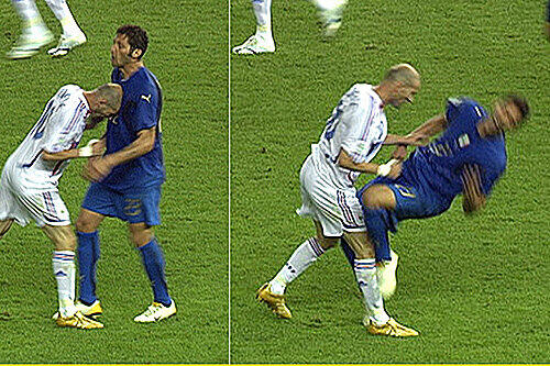 Überhaupt nicht sportlich auch dieser unser letzter Pöbler: Im Schlussbild verdientermaßen Zinédine Zidane, der seine große Karriere mit einem großen Ausraster beendete.