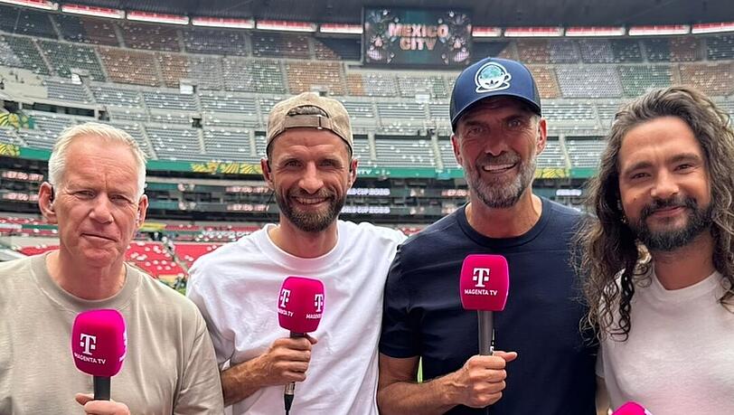 Das MagentaTV-Team: Johannes B. Kerner, Thomas Müller, Jürgen Klopp und Tom Kaulitz. Das MagentaTV-Team: Johannes B. Kerner, Thomas Müller, Jürgen Klopp und Tom Kaulitz.