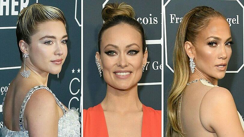Hollywood liebt den strengen Frisurentrend (v.l.): Florence Pugh, Olivia Wilde und Jennifer Lopez