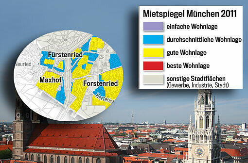 Die Lage macht&rsquo;s: Je nach farblicher Markierung fällt auch die Grundmiete unterschiedlich hoch aus. Der Mietspiegel gilt ab 20. März 2013. Wohnen Sie in bester Lage? Einfach weiterklicken!