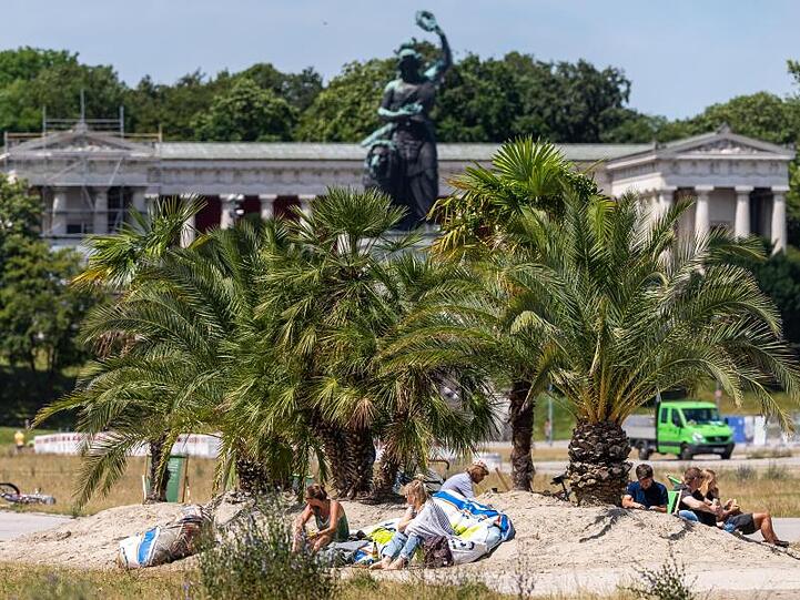 Mini-Oase aus ganz viel Sand mit 13 Palmen und 30 Liegen auf einem Teil der Theresienwiese. Foto: Peter Kneffel/dpa