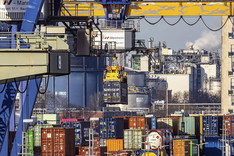 Containerterminal im M&uuml;hlauhafen in Mannheim. W&auml;hrungsschwankungen wirken sich auf den Warenexport aus.