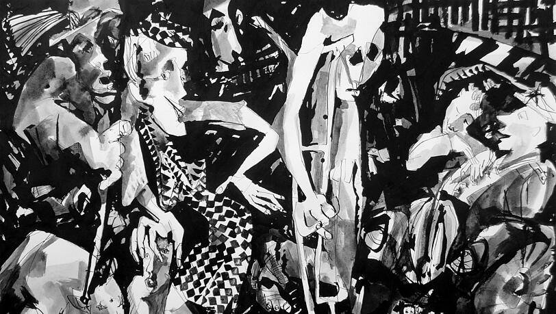 Aus dem Zyklus "Nie wieder" (50 x 70 cm, Tusche auf Bütten), 1995 gezeichnet von Christine Rieck-Sonntag zum 50. Jahrestag des Kriegsendes.