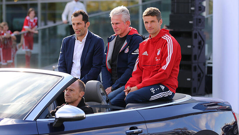 Wollen gemeinsam Vollgas geben: Sportdirektor Brazzo, Triple-Trainer Heynckes und Weltmeister Müller Wollen gemeinsam Vollgas geben: Sportdirektor Brazzo, Triple-Trainer Heynckes und Weltmeister Müller