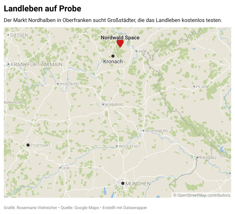 Auf der Karte ist zu sehen, wo der Nordwald Space in Nordhalben liegt. Auch München und Daniel Lerners alte Heimat Stuttgart sind abgebildet. Auf der Karte ist zu sehen, wo der Nordwald Space in Nordhalben liegt. Auch München und Daniel Lerners alte Heimat Stuttgart sind abgebildet.
