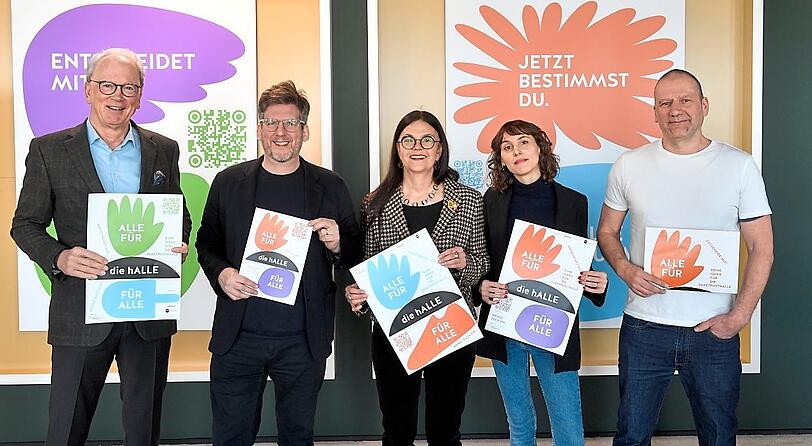 Ideen-Sucher: Hallen-Eigentümer Ralf Büschl, Julian Petrin, Elisabeth Merk, das Kreativteam Lissie Kieser und Michi Kern.