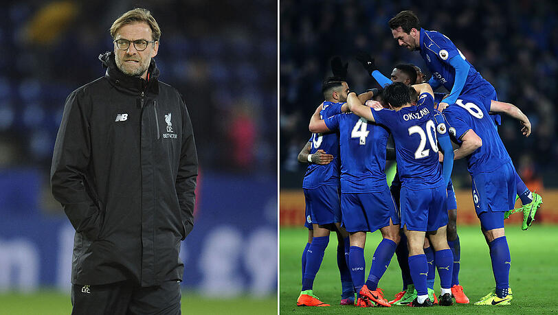 Not amused: Liverpools Trainer Jürgen Klopp (links) - und die jubelnde Leicester-Meute. Not amused: Liverpools Trainer Jürgen Klopp (links) - und die jubelnde Leicester-Meute.